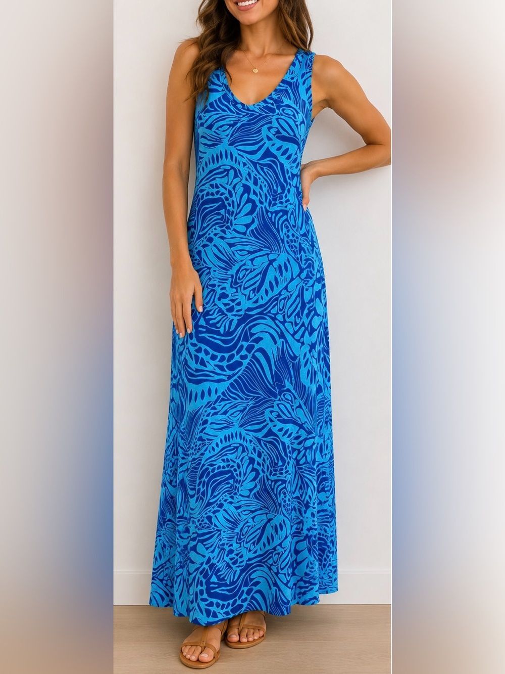 Soft Surroundings Blue Abstract Tropical Maxi Dress Small Sleeveless Stretch